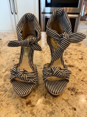 L.A.M.B. Striped Knot Front Ankle-Tie Heels - Black & White